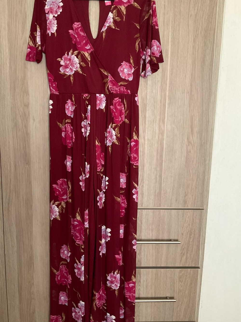 No Boundaries Burgundy Floral Maxi Jumpsuit with Pink Flowers